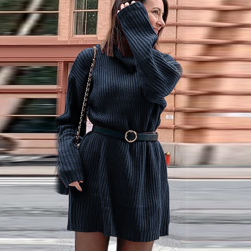 Elsvios Casual Rib Knitted Sweater Dress Winter Warm Turtleneck Mini Dress Women Autumn Long Sleeve Pullover Party Dress Vestido