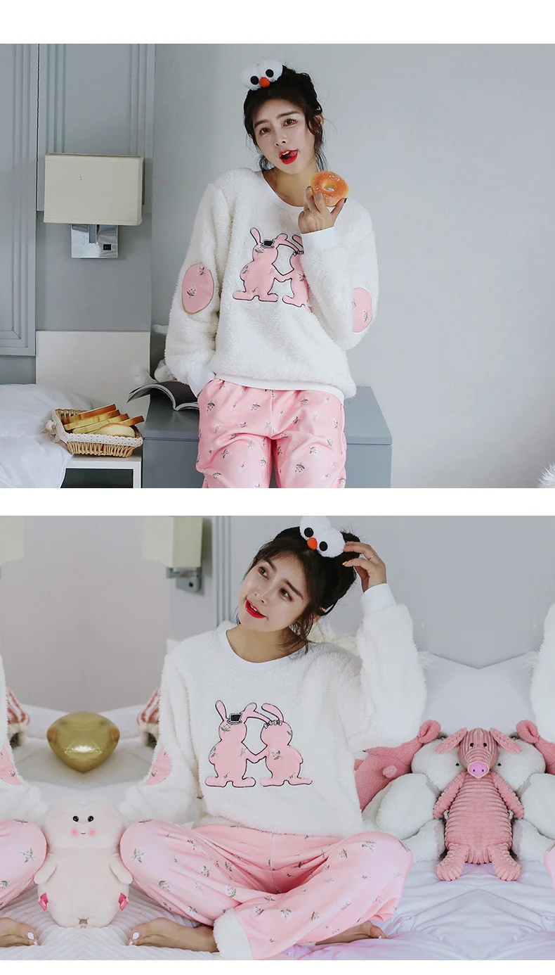 Caiyier/зимние фланелевые пижамные комплекты; плотная мягкая пижама с длинными рукавами; Пижама с круглым вырезом и милым принтом; теплая Женская повседневная домашняя одежда