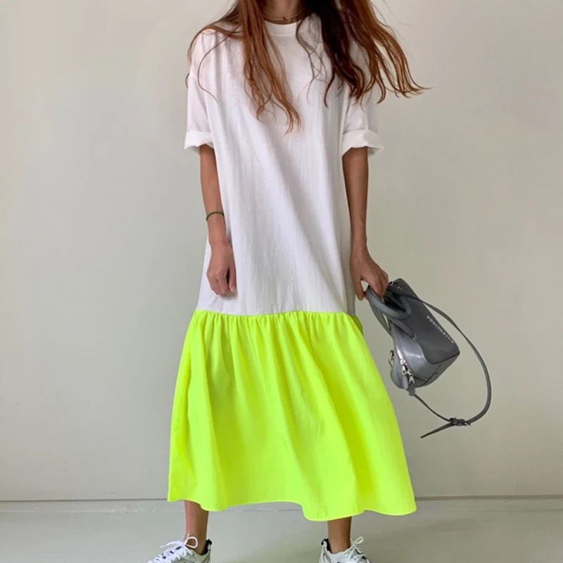 800.jpg TWOTWINSTYLE Elegant Patchwork Hit Color Dress Women O Neck Half Sleeve Oversize Casual Midi Dresses Female 2020 Summer Clothes