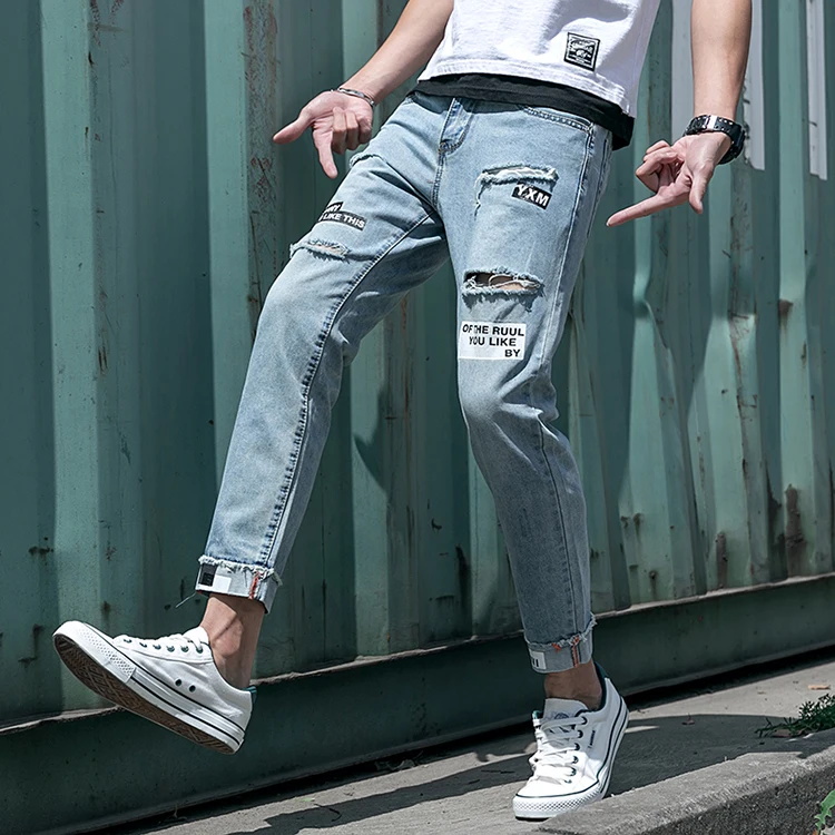Nice Pop Vogues Spring And Summer Fashion Korean Couple Nine Points Broken Hole Slim Casual Jeans Hip Hop Streetwear Recommend