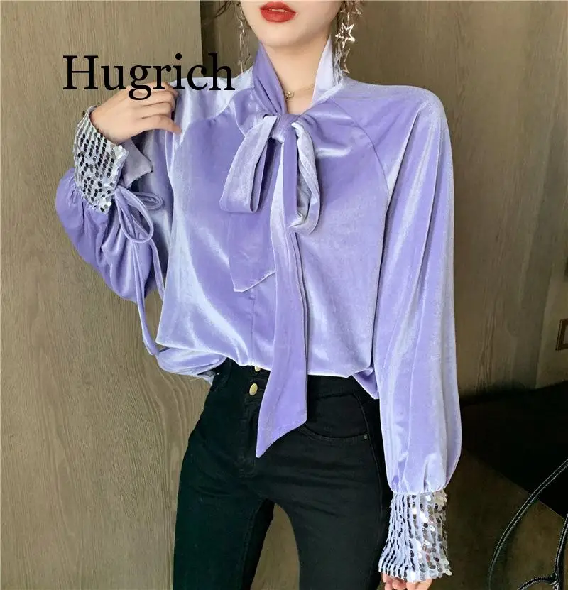 

Autumn winter loose velour tops ladies fashion brand sequined patchwork loose bow women blouses sweet style shirts new Korean