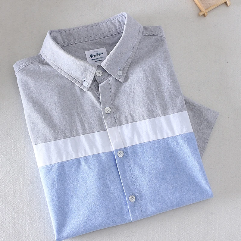 Cotton shirt men summer oxford short-sleeved smart casual slim patchwork turn-down collar