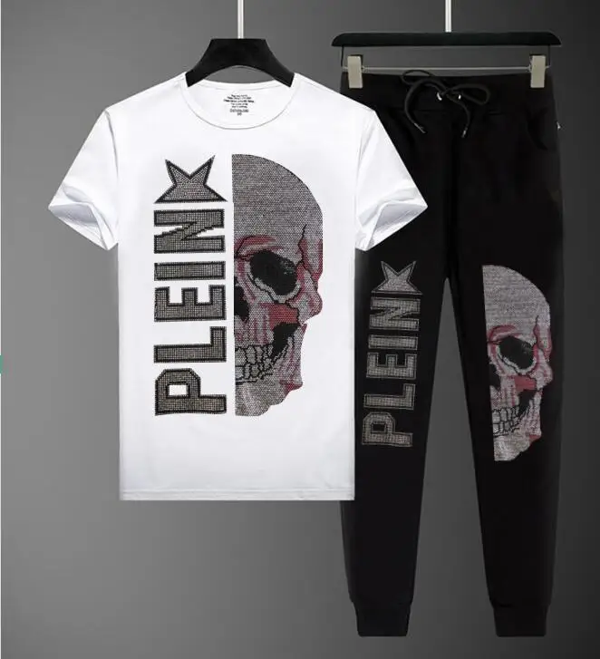 

2Pcs/Set Men's Sportswear Sets 2021 summer Male Casual Tracksuit Men Fashion tshirt + Sweatpants Rhinestone