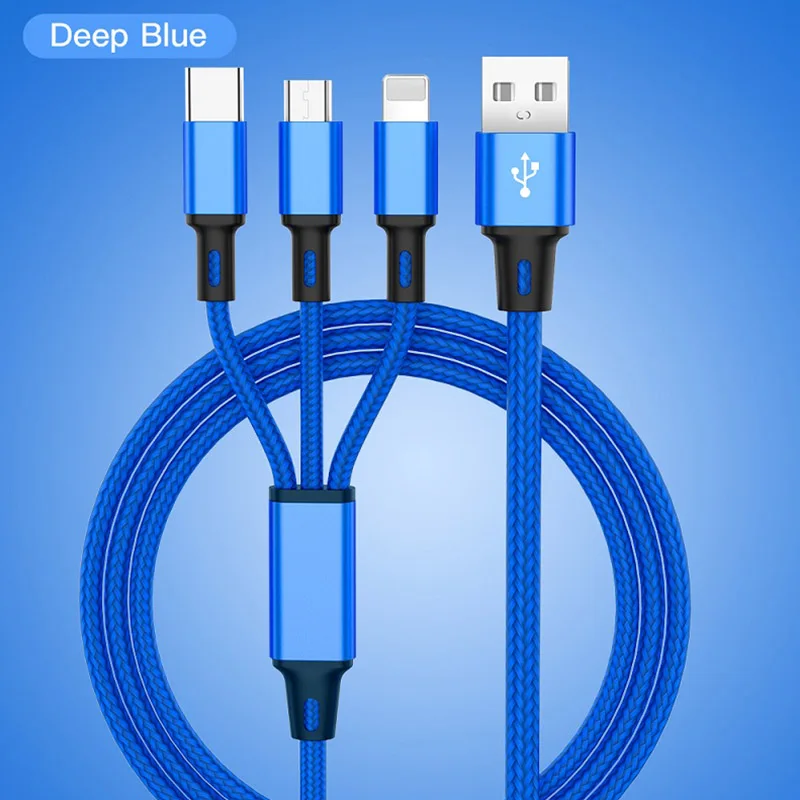 Кабель для быстрой зарядки Micro-type-C 3 в 1 нейлоновый USB кабель для зарядки Xiaomi 9 Lite для huawei P30 Lite Honor 8X кабель для мобильного телефона - Цвет: Синий