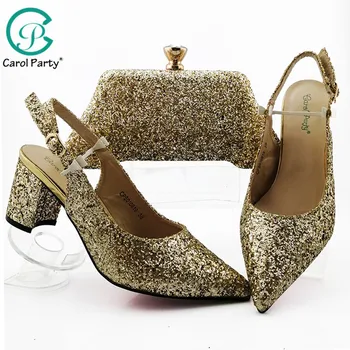 

2019 Newest style Gold color African shoe and bag set Mid heel italian design shoe with matching bag best selling ladies