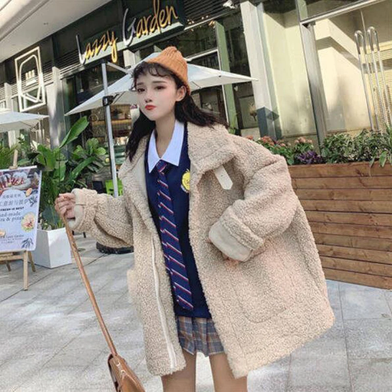 Faux Fur Lambswool Oversized Jacket Fashion Solid Coat Winter Hairly Ladies Outerwear