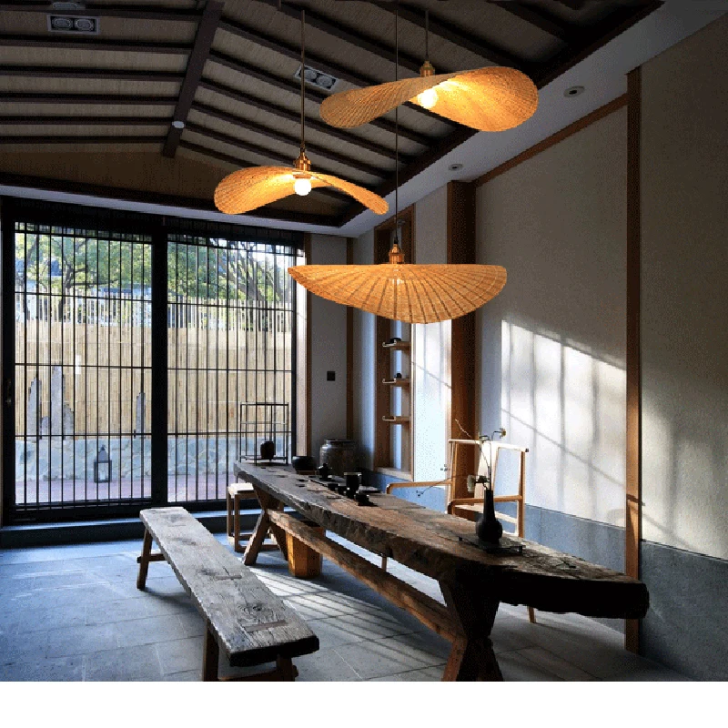 Chinese Bamboo Pendant Light Rattan Hat Natural Color Vintage Pendant Lamp Restaurant Lighting Fixture E27 E26 Socket Living Room Home Decor (7)
