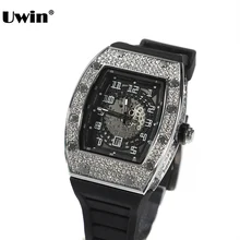 

UWIN Square Dial Watch Full Rhinestones Iced Out Silver Color Quartz Wrist Watches with Black Belt for Men Women Fashion Gift