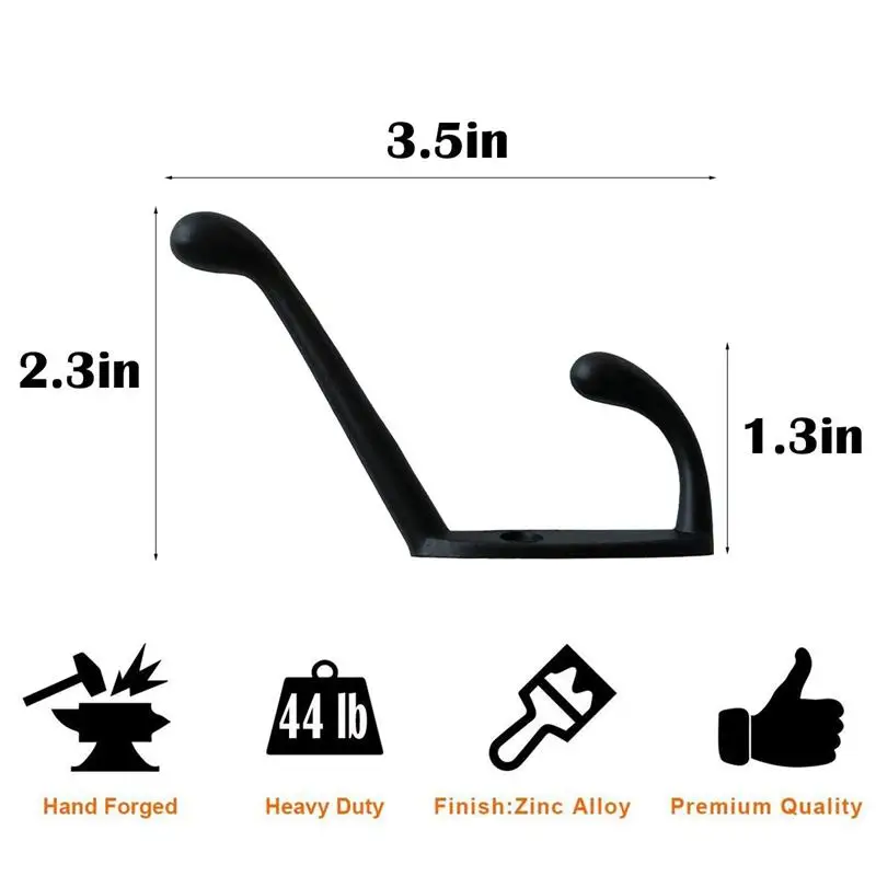 9 Pack heavy duty Coat Hooks Wall Mounted for Hat hardware Dual Prong Retro Coat Hanger with 20 Screws Black Color