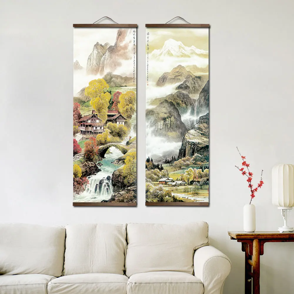Chinese Traditional Style Four Seasons Landscape Canvas for Livingroom Wall Art Poster Solid Wood Scroll Paintings Home Decor 2