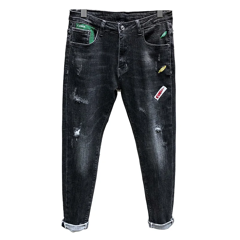 Рваные джинсы для мужчин, обтягивающие джинсы, Мужские Стрейчевые потертые цветные джинсы с заплатками, модные дизайнерские джинсы, Мужские джинсы высокого качества - Цвет: Темно-серый