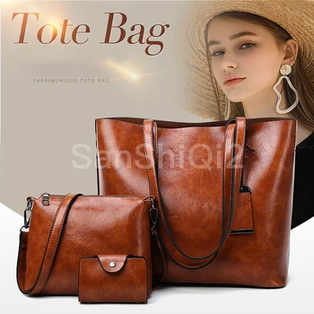 

Women Vintage Handbags 3 Sets Oil Wax soft Leather Bags Women Crossbody Bag Tote Hand Bags Ladies Big Shoulde bag