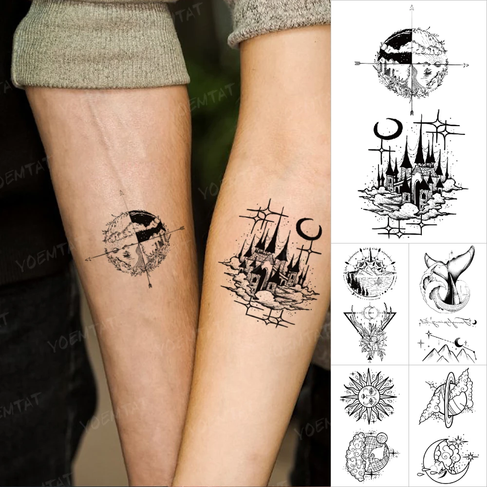 Waterproof Temporary Tattoo Sticker Sun Moon Castle Line Simple Kids Arm  Tatto Body Art Fake Tattoo Women Men|Hình xăm tạm thời| - AliExpress