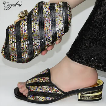 

Fashion Black Party African Medium Heel Slipper Shoes And Bag Set 678-2 Heel Height 6.5CM