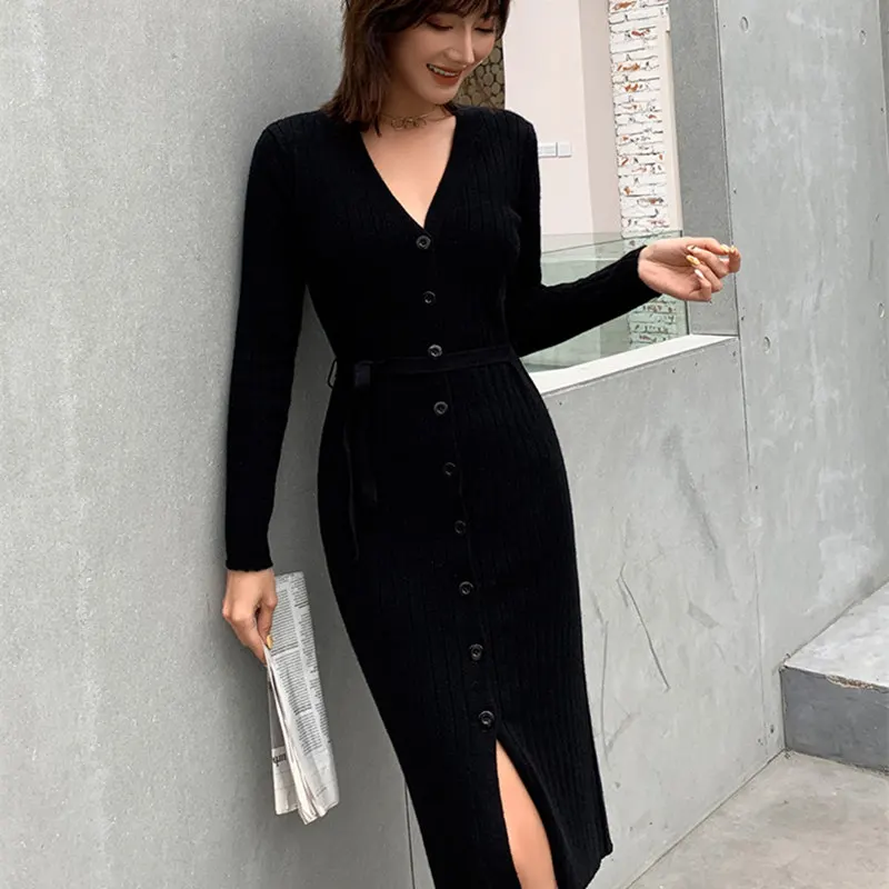black LITVIRYH женский Кардиган slim fit v-образный вырез сексуальный женский свитер Талия Длинные пальто кардиган женский вязаный свитер вязаный Топ джемпер пальто - Цвет: black