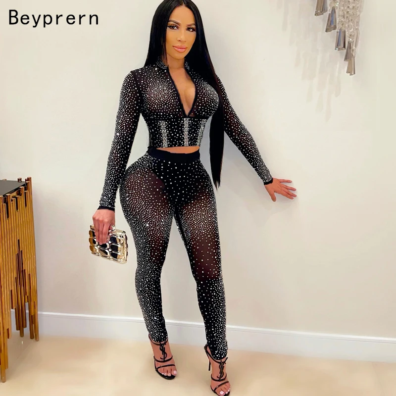 plus size suit sets Beyprern Sparkle Crystal Pants Set (Black) 2022 Spring See Through Rhinestone Studded Crop Top And Legging Set Party Club Wears women's sweat suits sets