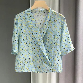

100% Silk Women Half Sleeve Blouse Geometrical Printed V-neck Single Pocket Shirt with Buttons