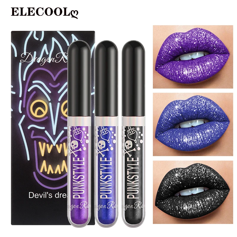 

ELECOOL 3Pcs Glitter Lipstick Set Waterproof Sexy Blue Purple Black Lip Gloss Shiny Lip Tint Lips Makeup Tool Korean Cosmetics