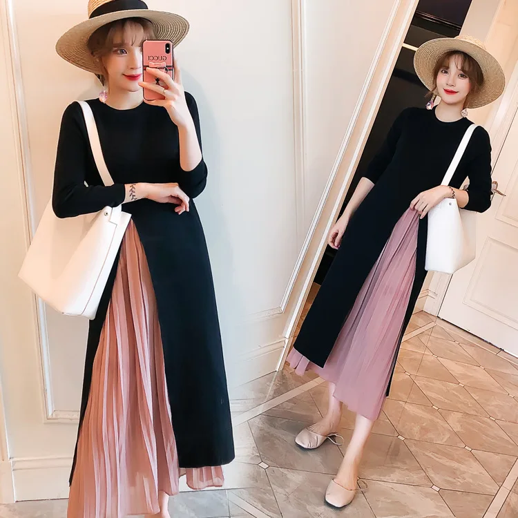 

2019 Spring Clothing Large Size Dress Fat Mm Elegant Loose-Fit Slimming Slit Chiffon Joint Long Sleeve Mid-length Dress