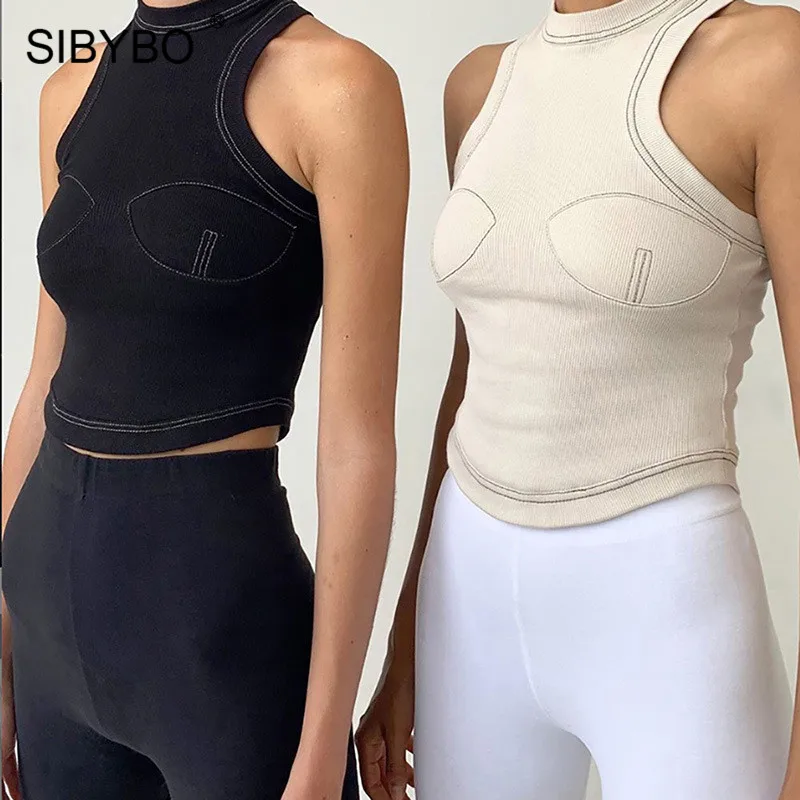 SIBYBO линия печати тонкий сексуальный топ Женская мода o-образным вырезом без рукавов укороченный Топ Спортивная одежда черные повседневные женские топы