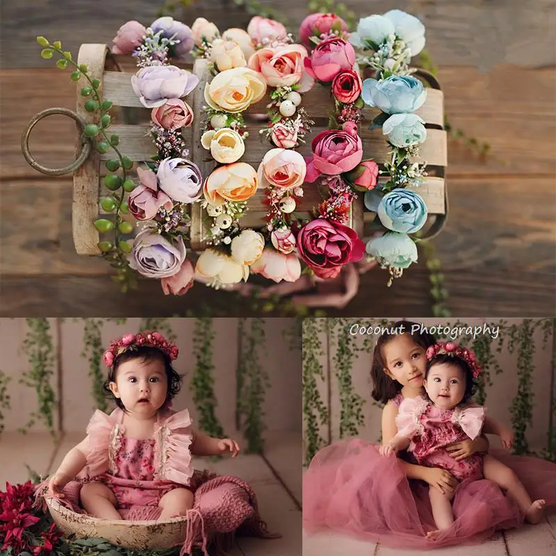 

Кокосовый реквизит для фотосъемки новорожденных романтическая роза-гирлянда лесной головной убор цветок для волос детский портрет один год ребенок