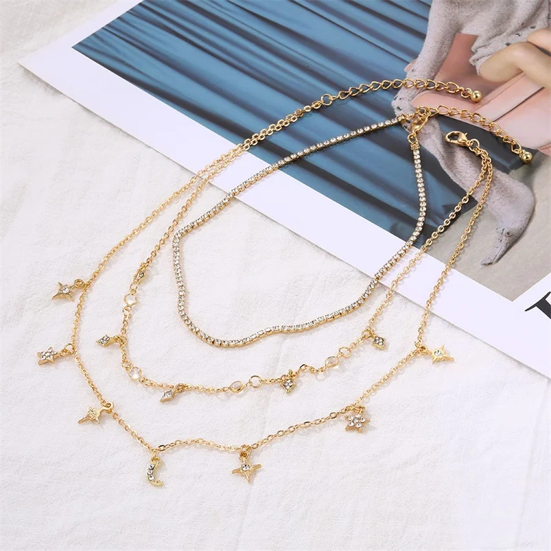New Multilayer Crystal Moon Necklaces & Pendants For Women Vintage Charm Gold Star Choker Necklace 2019 Bohemian Jewelry Gift