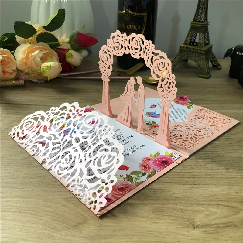 

30x 3D Invite Pocket Wedding Invitation Cards Bride & Groom Trifold Card Pink Peach Tiffany Laser Cut Greeting Invitations Cover