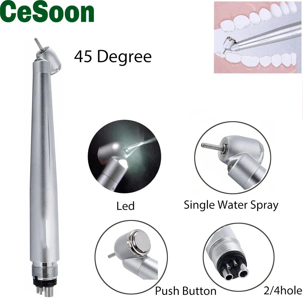 

Dental 45 Degree LED High Speed Handpiece Single Way Spray E-generator Self-illuminated Surgical Turbine Push Button 2 / 4 Hole