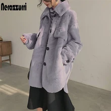 

FAKUNTN Nerazzurri Oversized warm soft furry faux fur coats for women long sleeve buttons Gray fluffy jacket Winter clothes