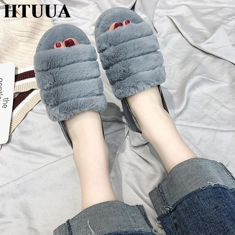 HTUUA размеры 36-41 Для женщин домашние тапочки на зиму на мягкой подошве теплый пушистый мех женские шлепанцы на плоской подошве с мехом домашние тапочки из материала на основе обувь S3419