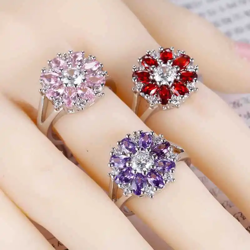 Очаровательное серебряное 925 Ювелирное кольцо с камнями в форме цветка для женщин, рубиновый аметист, Хрустальная Хризантема для свиданий