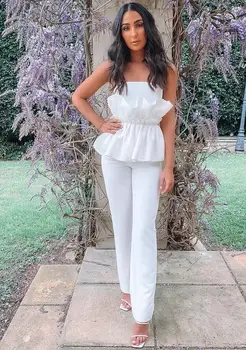 

Top Quality Luxury Strapless Sleeveless Ruffles Solid White Bandage Jumpsuit 2020 Fashion Summer Female Bodycon Party Jumpsuit