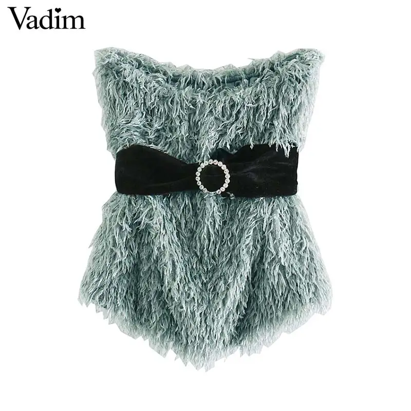 

Vadim women sexy backless sleeveless short blouses tassels sashes design stretchy shirts female stylish casual tops blusas WA467