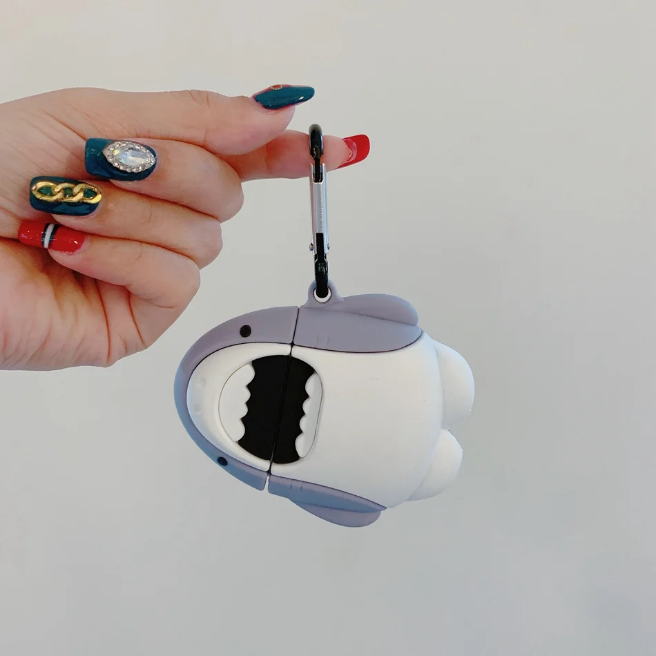 3D чехол для наушников для AirPods, силиконовый чехол с милой акулой, медведем, собакой, чехол для Apple Air pods 2, чехол для наушников, кольцевой ремешок