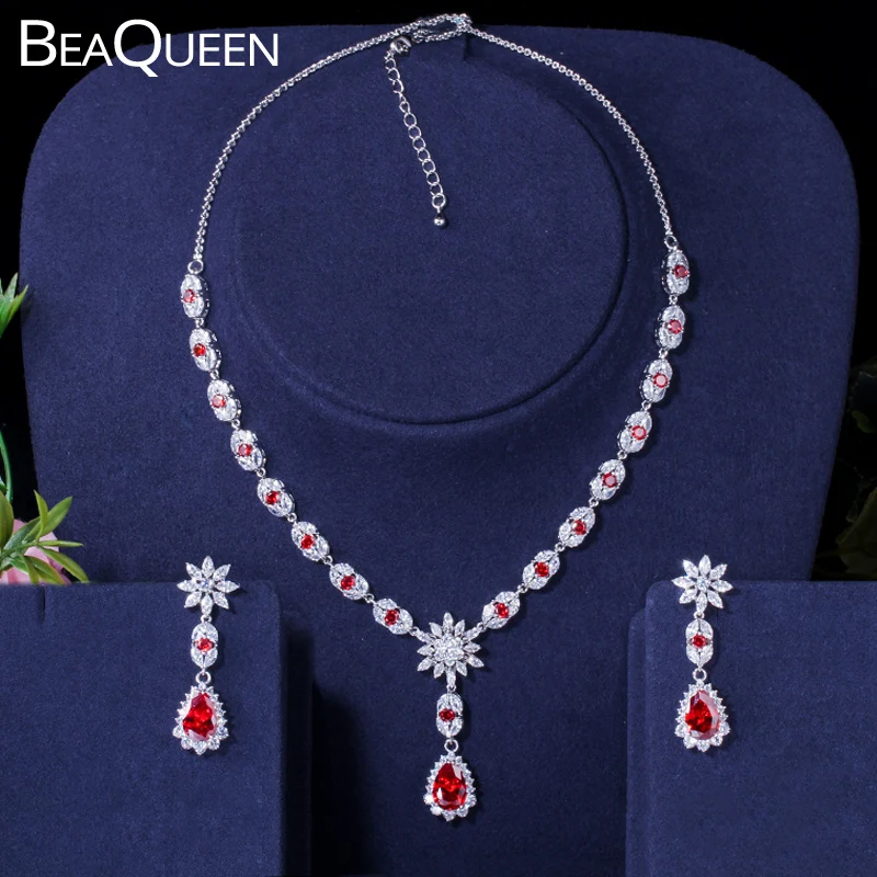 BeaQueen Красивый Красный кубический цирконий цветок и Капля воды Свадебные