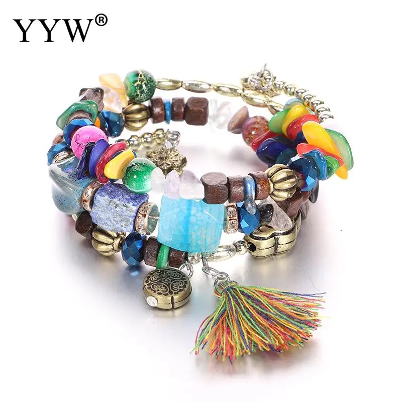 

Multiple Layers Women Bracelet Bohemian Style Elastic Chain Tassel Natural Stone Colorful Seadbeads Female Wristband Ornaments