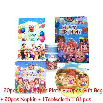 

Cocomelon 81 pcs/lot Birthday Party Disposable Tableware Cup Plate Napkin Baby Shower Gift Bag Tablecloth Decorations Supplies