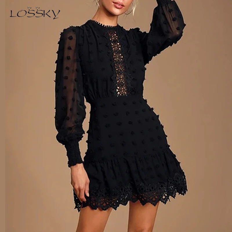 Baratos Losky Vestido Mujer moda verano otoño Vestido de manga larga corto negro Sexy ver a través Mini Vestido elegante femenino