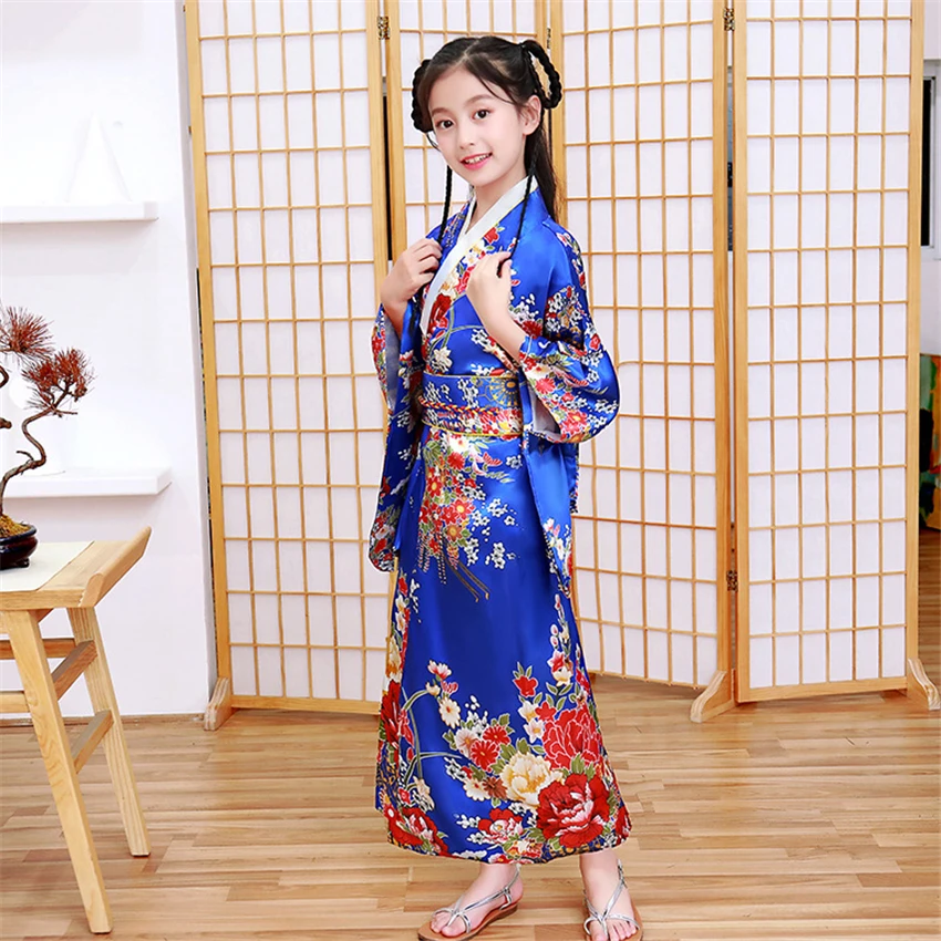 12 Colors Children Kimono Traditional Japanese Style Peacock Yukata Dress for Girl Kid Cosplay Japan Haori Costume Asian Clothes