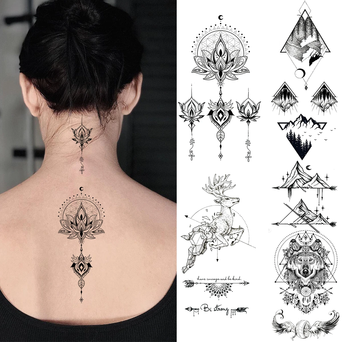 Tatouage Pour Femme Dans Le Dos Tatouages Temporaires Sexy, Fleur De Cerf, Lotus, Mandala, Pour Femmes,  Cou, Dos, Tribal Géométrique, Pour Adultes, Faux Tatouage, Art Corporel,  Étanche - Tatouages Éphémères - AliExpress