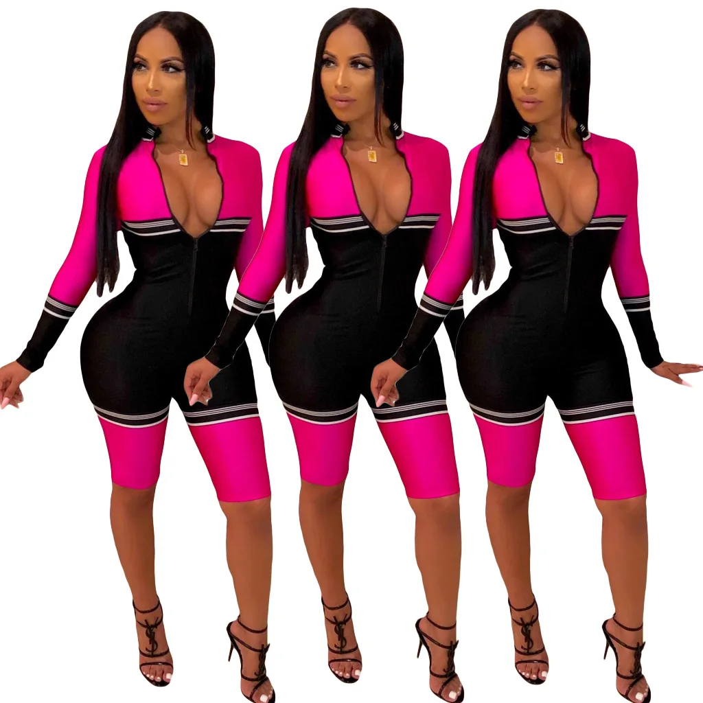 rosy playsuit Adogril цвет Parchwork Облегающий комбинезон Женская модная повседневная тонкая строчка с длинными рукавами на молнии Глубокий v-образный вырез комбинезон больших размеров - Color: rosy playsuit