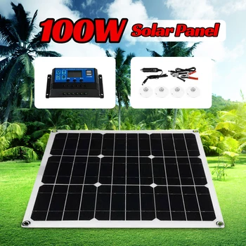 

100W 12V 5V Solar Panel 10A PWM Controller USB Solar Battery Charger IP65 Single Crystal for Car Battery Alligator Clip Cable