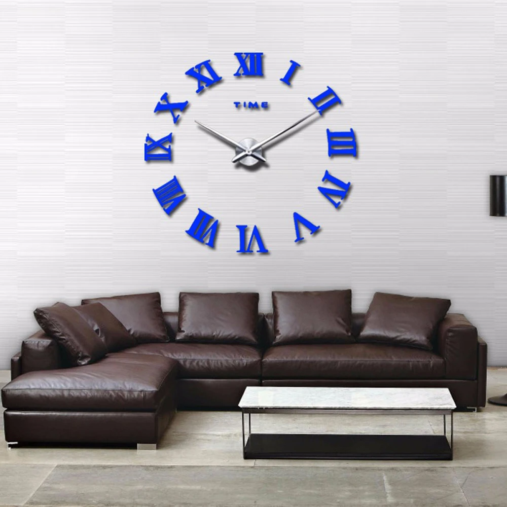 Домашний Декор большие римские зеркальные Модные Современные Кварцевые часы для гостиной DIY настенные часы-Наклейка 3D акриловые зеркальные настенные часы - Цвет: Blue
