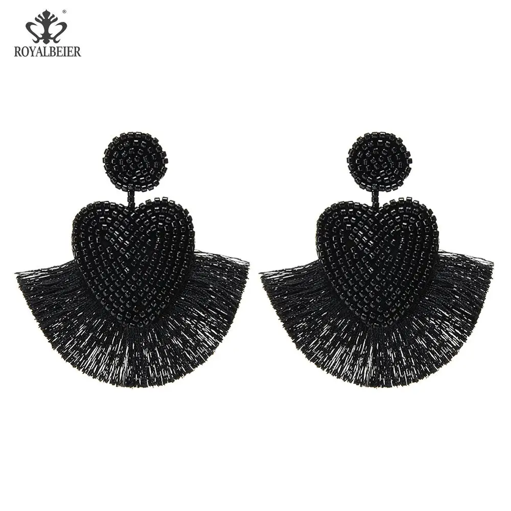 Black earrings 0698a ROYALBEIER, богемные черные висячие серьги с кисточками для женщин, черные висячие серьги с бусинами, массивные вечерние серьги, подарок - Окраска металла: Black earrings 0698a
