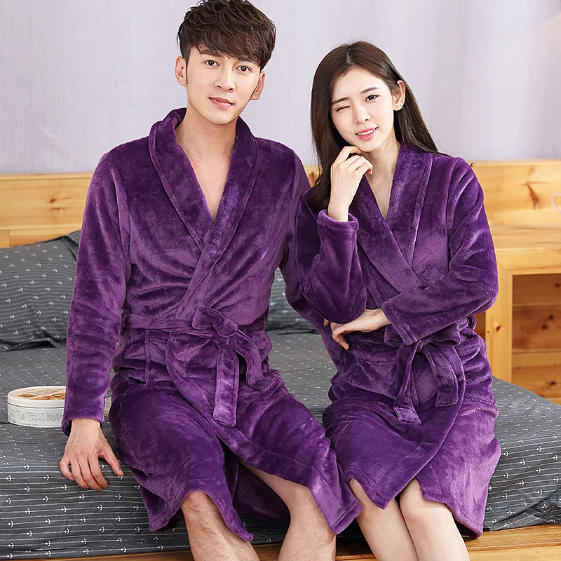 

Elegant Solid Purple Lovers Kimono Gown Soft Warm Flannel Robe Sleepwear Women And Men Full Knee-length Nightgown Bathrobe Gown