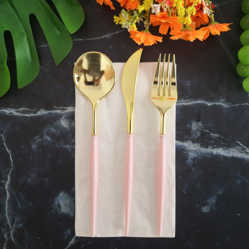 5 set Plastic Rose Gold Tableware Set Cutlery Western Food Tableware Teaspoon Luxury Knife fork spoon dessert Party Supplies
