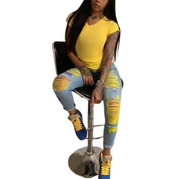 

Women Ripped Jeans Fashionable High Waist Close-Fitting Frayed Pencil Pants for Women Yellow Summer Clothes