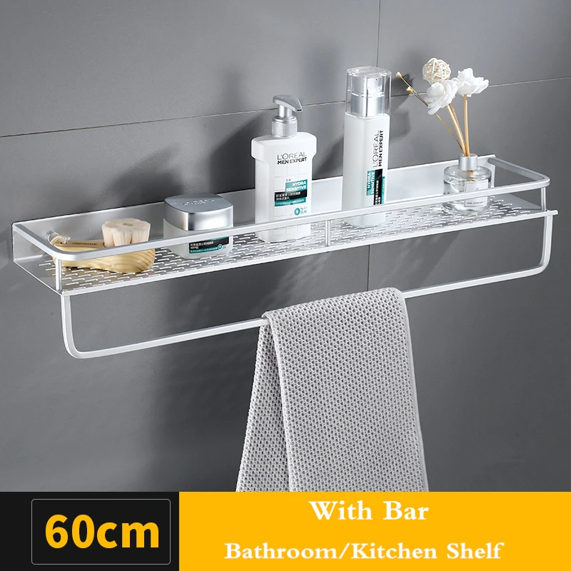 60cm (With bar) Космическая Алюминиевая Полка для полотенец для ванной комнаты, шампунь, мыло, косметические полки, кухонная полка для хранения приправ, аксессуары для ванной комнаты - Цвет: 60cm (With bar)