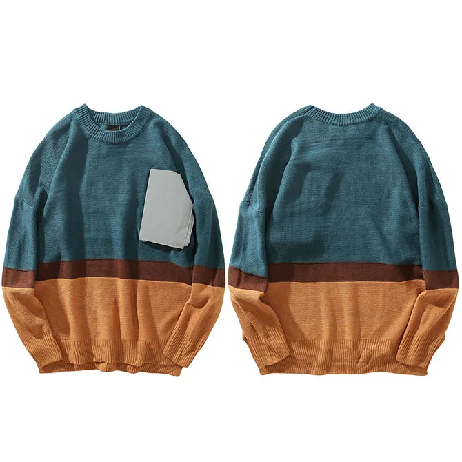 Вязаный свитер в стиле хип-хоп, Мужская Уличная одежда, винтажный цветной лоскутный пуловер, свитер, модный осенний свитер с карманами из хлопка - Цвет: A550931