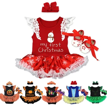 

Newborn Baby Girl Clothes Baby Girls Cotton Christmas Ruffled Sleeve Jumpsuit Dress Bow Headband Snow White Halloween Outfit Set